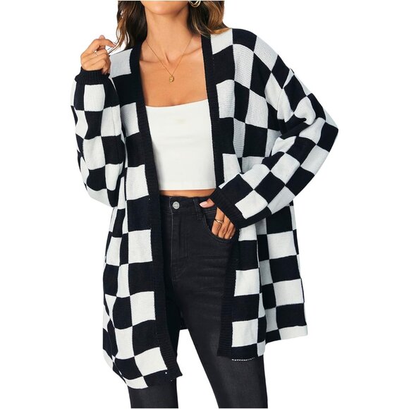 Women's Oversized Checkered Sweater Cardigan Long Sleeve Open Front Tops - Picture 1 of 5